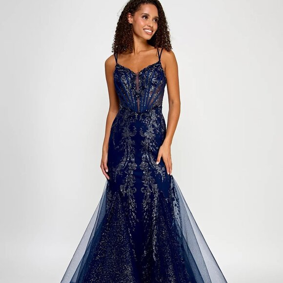 Say Yes Juniors' Glitter Mesh Corset Gown Navy Size 3/4 - Picture 1 of 2
